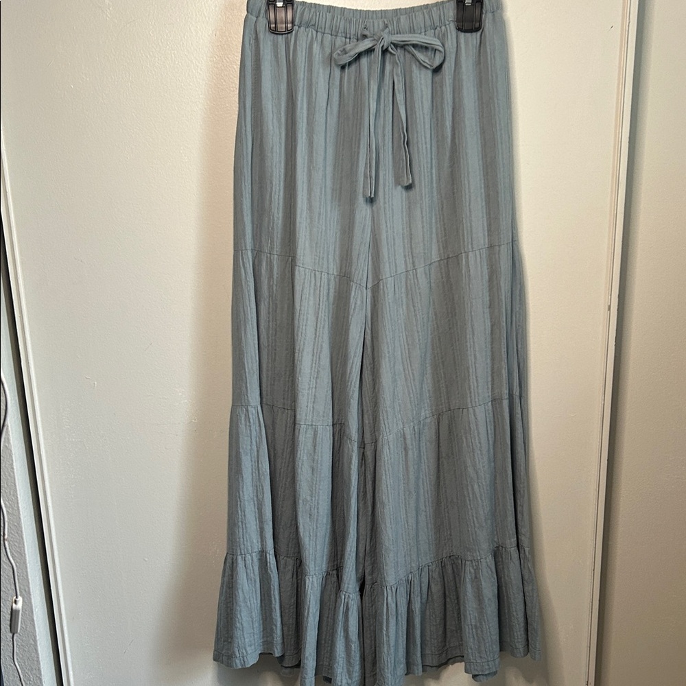 PaperMoon Light Blue Tiered Wide Leg Palazzo Cotton Boho Vacation Style Pants